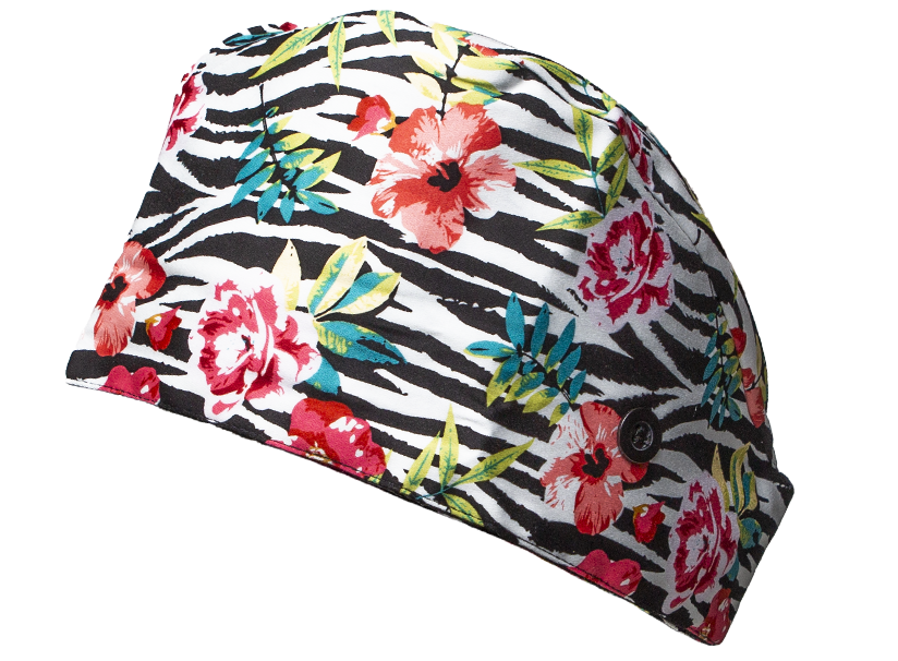 Satin line Scrub Cap with Buttons Flowers