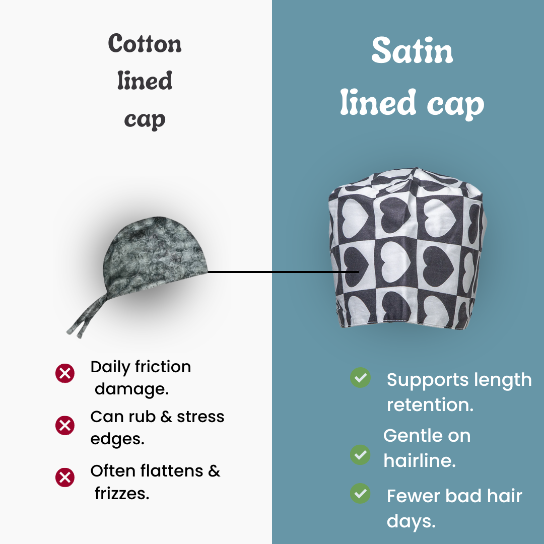 Satin line Scrub Cap with Buttons Black and white Hearts