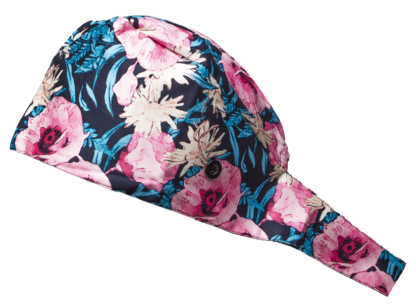 Satin line Scrub Cap with Buttons Deep Floral