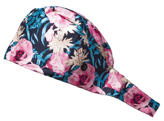 Satin line Scrub Cap with Buttons Deep Floral