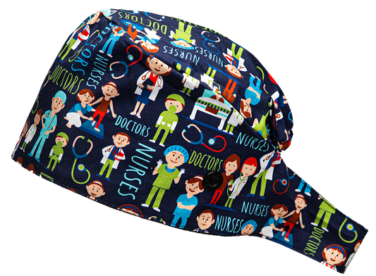 Satin line Scrub Cap with Buttons Doctor & Nurses print