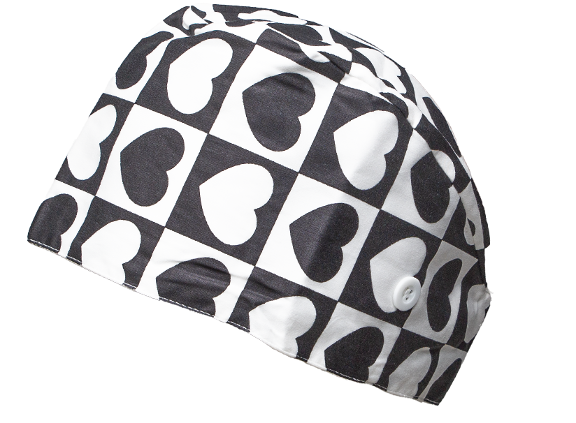 Satin line Scrub Cap with Buttons Black and white Hearts