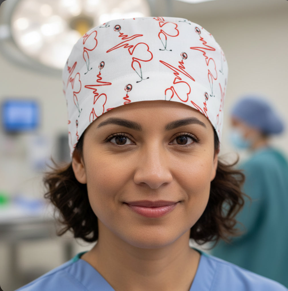 Satin Lined Scrub Cap Heartbeat & Stethoscope Print