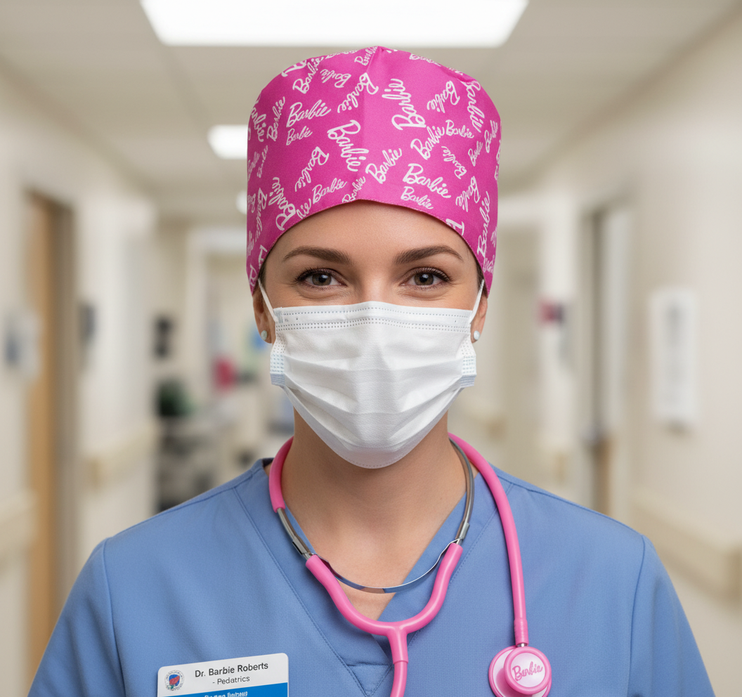 Satin line Scrub Cap with Buttons Barbie