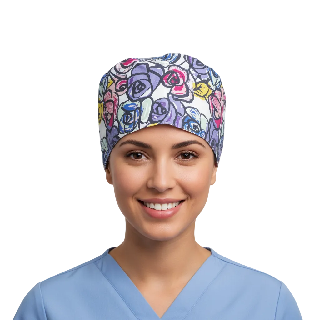 Satin line Scrub Cap with Buttons Graffiti Floral