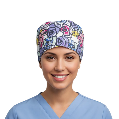 Satin line Scrub Cap with Buttons Graffiti Floral