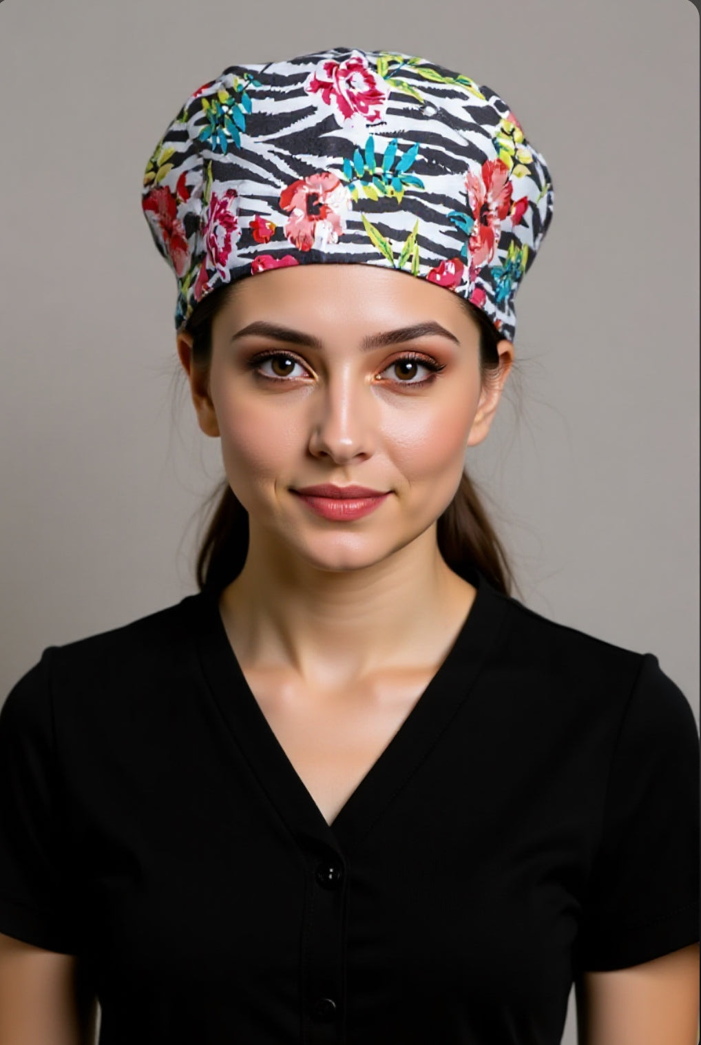 Satin line Scrub Cap with Buttons Flowers