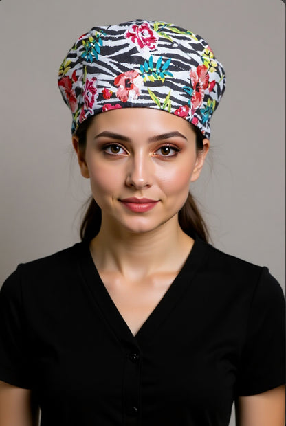 Satin line Scrub Cap with Buttons Flowers