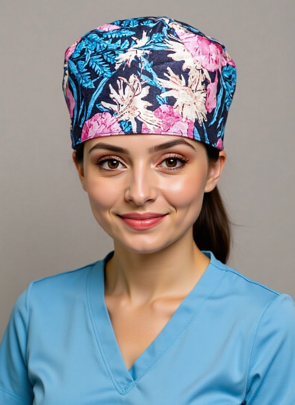 Satin line Scrub Cap with Buttons Deep Floral