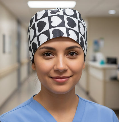 Satin line Scrub Cap with Buttons Black and white Hearts