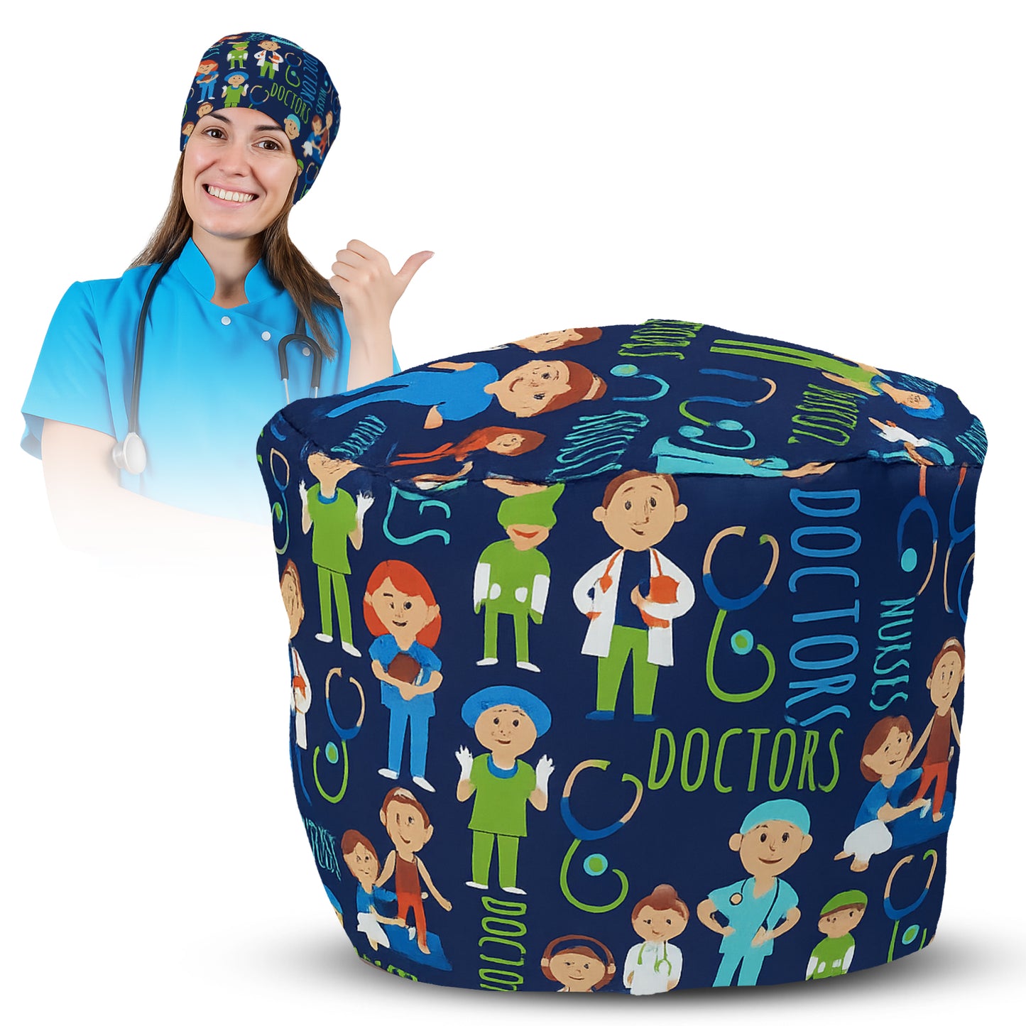 Satin line Scrub Cap with Buttons Doctor & Nurses print