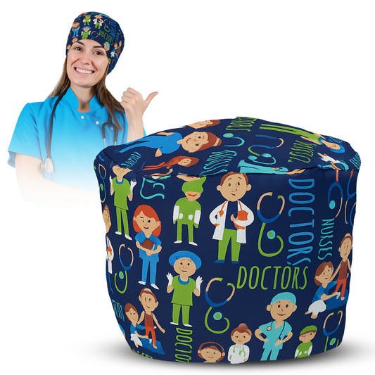 Satin line Scrub Cap with Buttons Doctor & Nurses print
