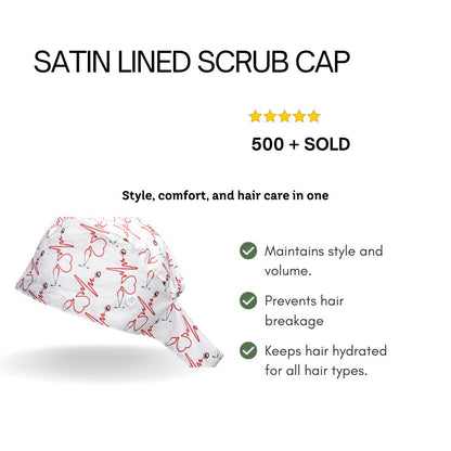 Satin Lined Scrub Cap Heartbeat & Stethoscope Print