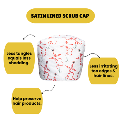 Satin Lined Scrub Cap Heartbeat & Stethoscope Print