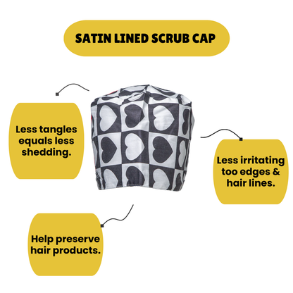 Satin line Scrub Cap with Buttons Black and white Hearts