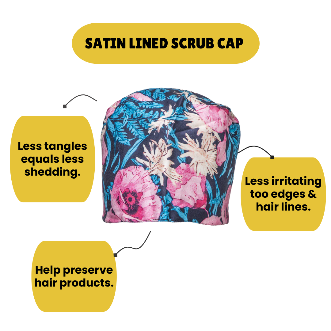 Satin line Scrub Cap with Buttons Deep Floral