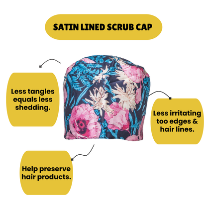 Satin line Scrub Cap with Buttons Deep Floral
