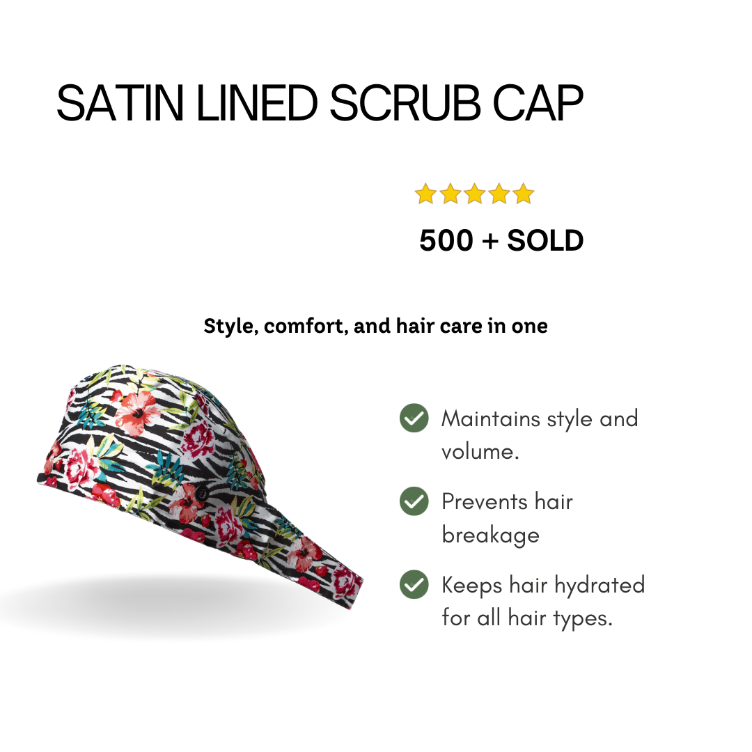 Satin line Scrub Cap with Buttons Flowers