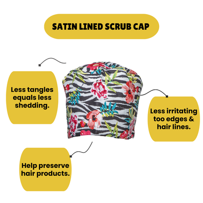 Satin line Scrub Cap with Buttons Flowers