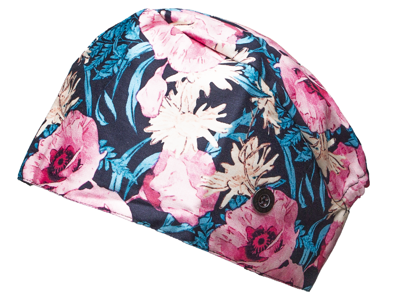 Satin line Scrub Cap with Buttons Deep Floral