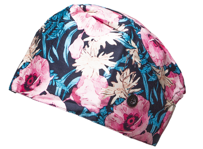 Satin line Scrub Cap with Buttons Deep Floral
