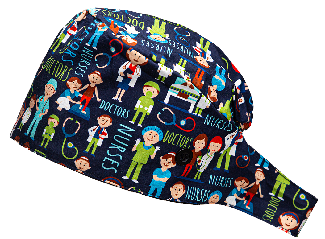 Satin line Scrub Cap with Buttons Doctor & Nurses print
