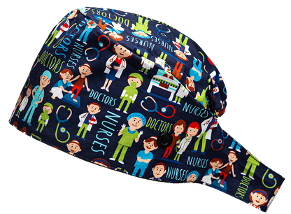 Satin line Scrub Cap with Buttons Doctor & Nurses print