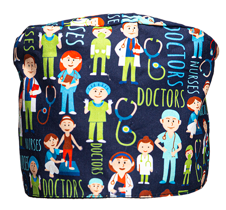Satin line Scrub Cap with Buttons Doctor & Nurses print