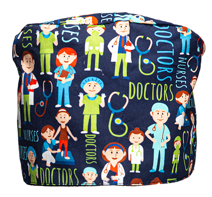 Satin line Scrub Cap with Buttons Doctor & Nurses print
