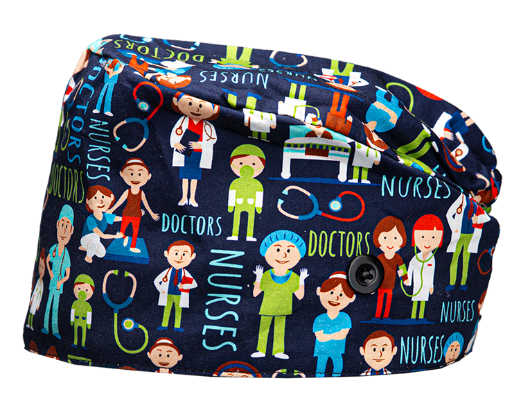 Satin line Scrub Cap with Buttons Doctor & Nurses print