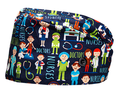 Satin line Scrub Cap with Buttons Doctor & Nurses print