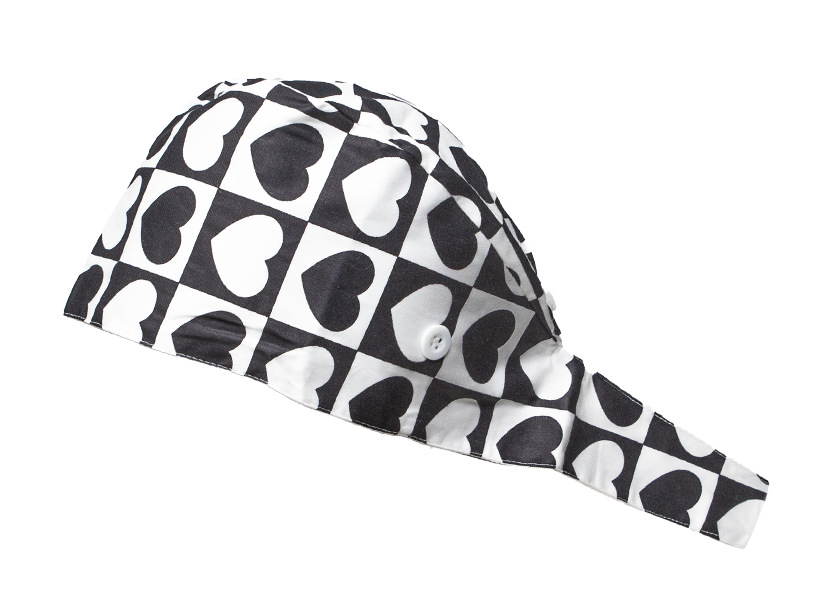Satin line Scrub Cap with Buttons Black and white Hearts