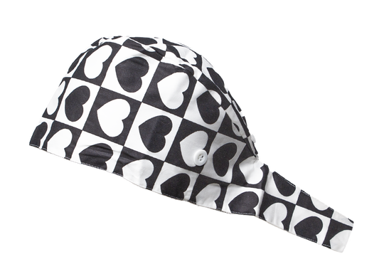 Satin line Scrub Cap with Buttons Black and white Hearts