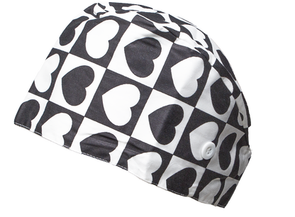 Satin line Scrub Cap with Buttons Black and white Hearts
